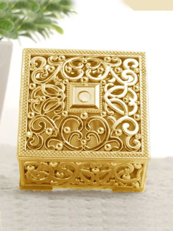 Scroll Textured Jewelry Storage Box, Gold Hollow Jewelry Box For Household Gold