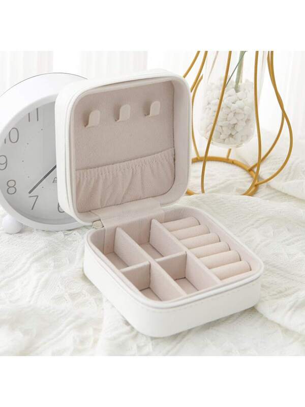 1pc White Minimalist Pu Leather Jewelry Box, Portable And Suitable For Storing Rings & Necklaces For Women White