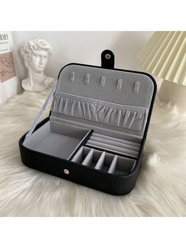 1pc Portable Leather Jewelry Box For Bracelets, Necklaces, Earrings And Rings Storage Black