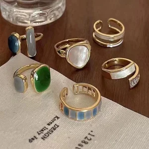 6pcs/Set Women's Emerald Ring, Minimalist Design With High-End And Luxurious Feeling, Adjustable Open Ring Multicolor