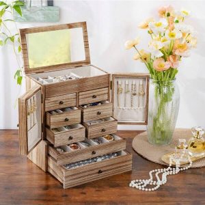 Jewelry Box for Women Wooden Jewelry Boxes & Organizers 5-Layer Rustic Latest Large Jewelry Organizer Box 2023 with Mirror & 8 Drawers for Rings Earrings Necklaces Bracelets Women Girls Gifts Brown