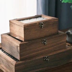 Vintage Wooden Tea Set And Trinket Organizer With Glass Lid And Flip Top Closure, Anti-Dust, Black Walnut Color, Desktop Storage Box Brown