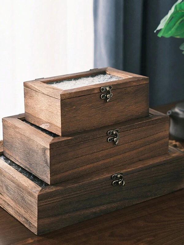 Vintage Wooden Tea Set And Trinket Organizer With Glass Lid And Flip Top Closure, Anti-Dust, Black Walnut Color, Desktop Storage Box Brown