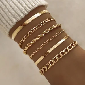 6pcs Punk Style Simple Cold Tone Chain Fashion Bracelet Set Suitable For Women's Daily Wear Gold