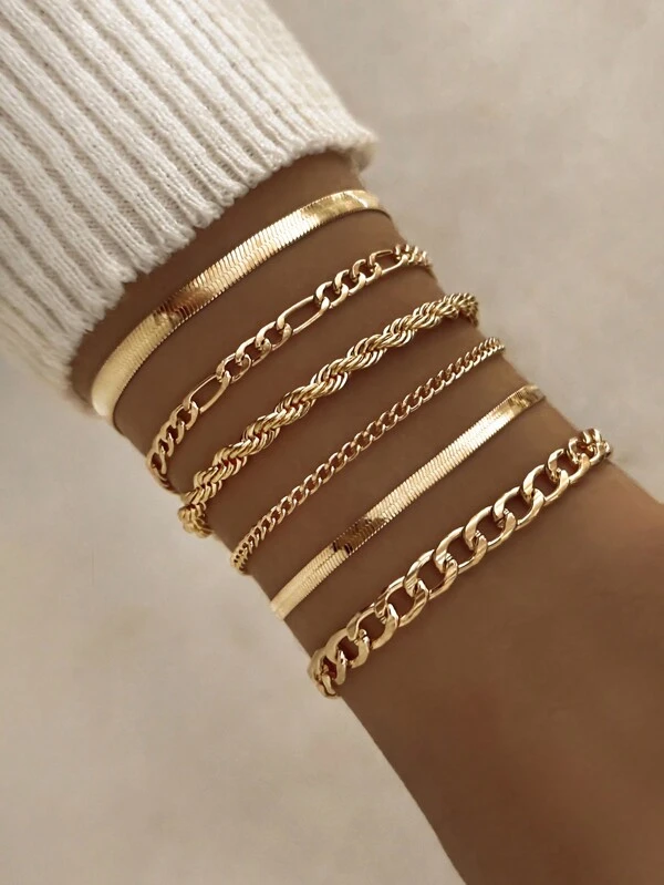 6pcs Punk Style Simple Cold Tone Chain Fashion Bracelet Set Suitable For Women's Daily Wear Gold