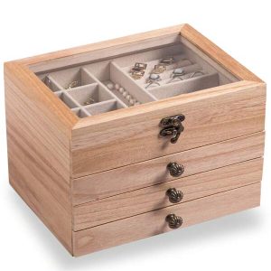 Frebeauty Wooden Jewelry Box 4 Layer Vintage Jewelry Organizer With Clear Lid Rustic Wood Jewelry Holder Jewelry Case For Rings Bracelets Brooches Jewelry Storage Wood color