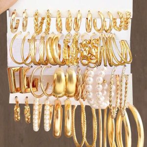 36pcs/Set Simple & Fashionable Faux Pearl & Metal Geometric Irregular Twist Hoop Earrings Gift Set For Women's Holiday & Date Outfits And Daily Wear Yellow Gold