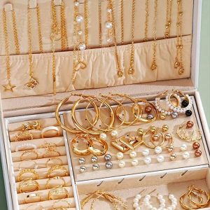 86pcs/Set Elegant Faux Pearl Earrings, Multi-Layered Necklace, Ear Studs, Rings 4-In-1 Jewelry Set For Women, Ideal For Daily Wear And Gifting (No Box) Yellow Gold