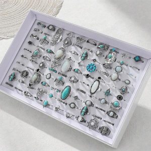 40pcs Unique Gothic Style Mixed Rings Set, Artificial Gemstone, Suitable For Vacation, Party, Date, Daily Wear, Festival, Family, Friends, Gifts (No Box) Antique Silver