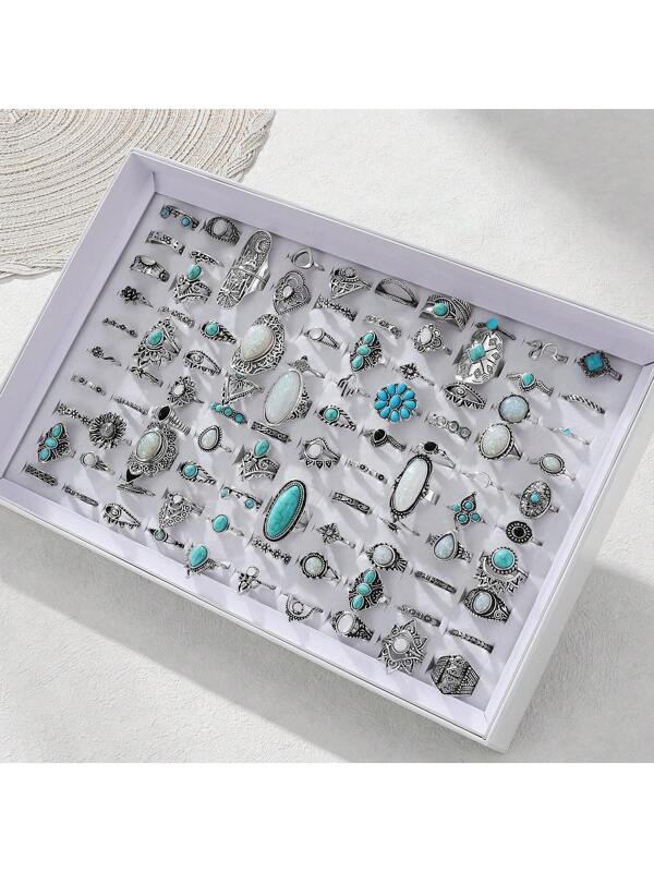 40pcs Unique Gothic Style Mixed Rings Set, Artificial Gemstone, Suitable For Vacation, Party, Date, Daily Wear, Festival, Family, Friends, Gifts (No Box) Antique Silver