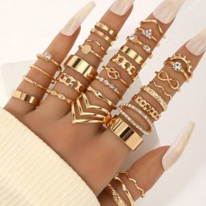 30 Pieces/Elegant Temperament Lady, Couple Ring, Fashion Simple Chain Design Inlaid Artificial Rhinestones, Suitable For Daily Party Accessories Collocation Gold