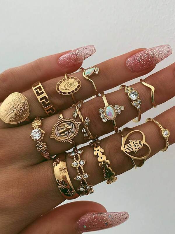 15pcs Vintage Ring Set, Including Cross, Floral, Palm Pattern Rings Gold