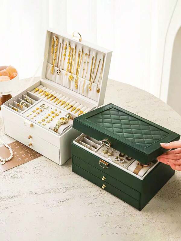 1pc Lockable Jewelry Box With Multiple Layers And Drawers, PU Leather, For Rings, Earrings, Bracelets, Necklaces, Elegant Gift Box, Portable And Durable Solution To Organize And Store Jewelry, Ideal Gift For Friends And Loved Ones, Lockable Double-Layer Jewelry Organizer For Storage Of Earrings, Rings, Watches, Bracelets, And Other Accessories, Ideal For Festive Gifts Multicolor