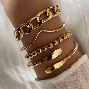 4pcs Punk  Link Bracelet Set For Women, Minimalist Chunky Gold Beaded Bracelets, Fashion Jewelry Accessories Bracelet