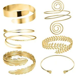 6pcs/Set Geometric Metal Bangle Exaggerated Leaf Bracelet Set Gold