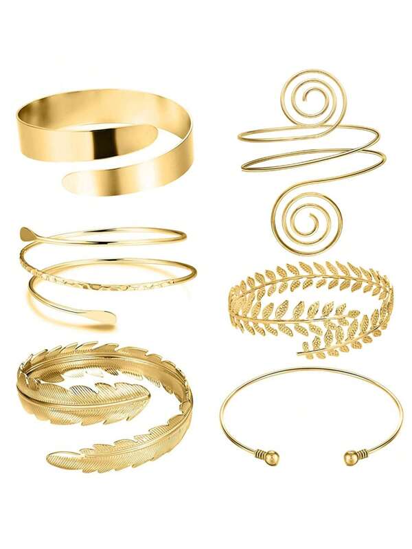 6pcs/Set Geometric Metal Bangle Exaggerated Leaf Bracelet Set Gold