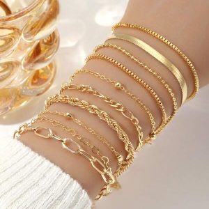 10pcs Women's Layered Bracelets Set, Minimalist Classic Style Braided & Snake Chain Design Jewelry, Suitable For Daily Wear Or Gift Style 1