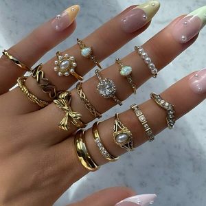 15pcs/Set Bohemian Style Rhinestone, Pearl, Flower, Geometric & Bow Design Rings For Women Gold