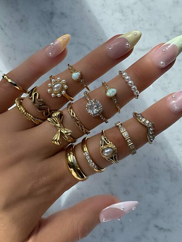 15pcs/Set Bohemian Style Rhinestone, Pearl, Flower, Geometric & Bow Design Rings For Women Gold