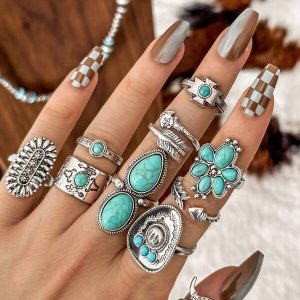 10pcs/Set Vintage Western Turquoise Flower, Texas Map, Cactus, Sunflower, Arrow Shape Openable Rings Set For Women Multicolor