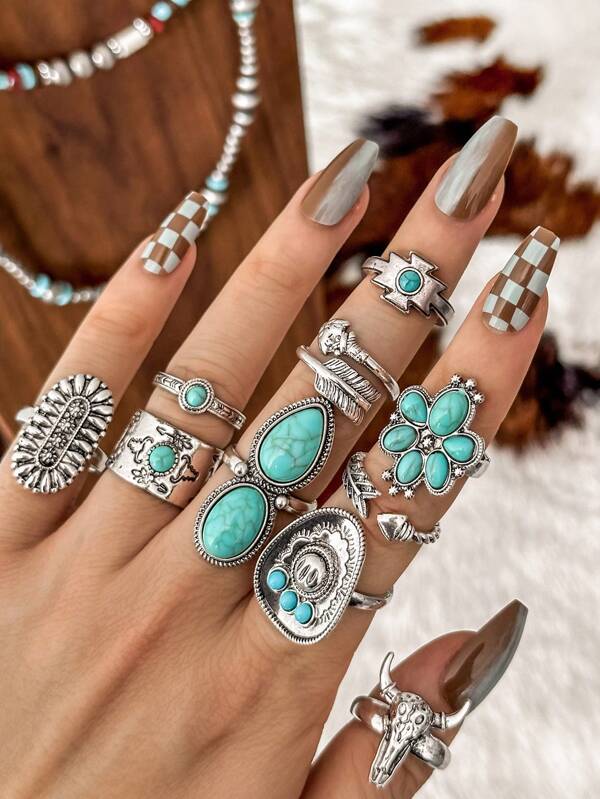 10pcs/Set Vintage Western Turquoise Flower, Texas Map, Cactus, Sunflower, Arrow Shape Openable Rings Set For Women Multicolor