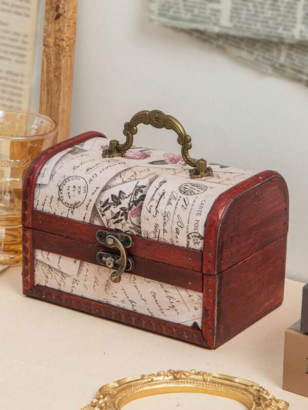 1pc Wooden Jewelry Box, Vintage Design Jewelry Storage  Box For Home Beige