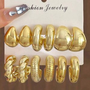 6pcs/12pcs/Set Elegant Metallic Golden Teardrop & Twist C-Shaped Hoop Earrings Set Gold