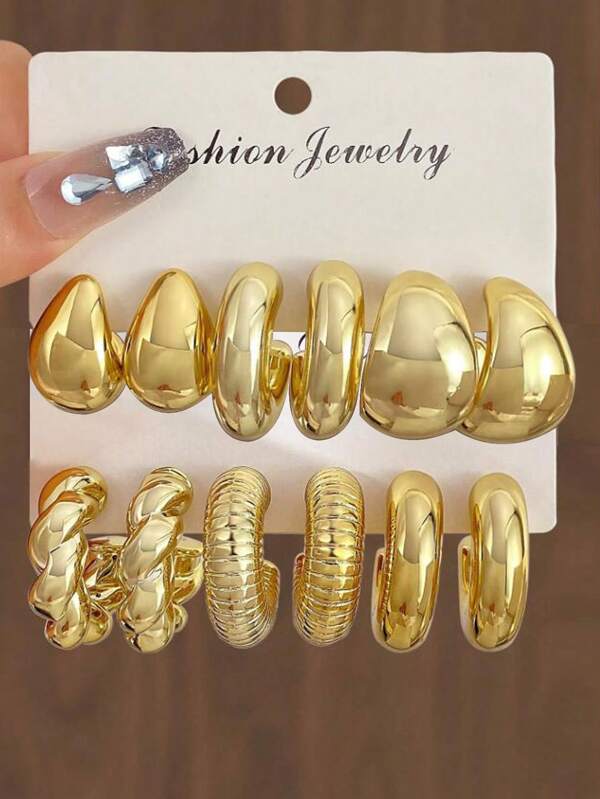 6pcs/12pcs/Set Elegant Metallic Golden Teardrop & Twist C-Shaped Hoop Earrings Set Gold