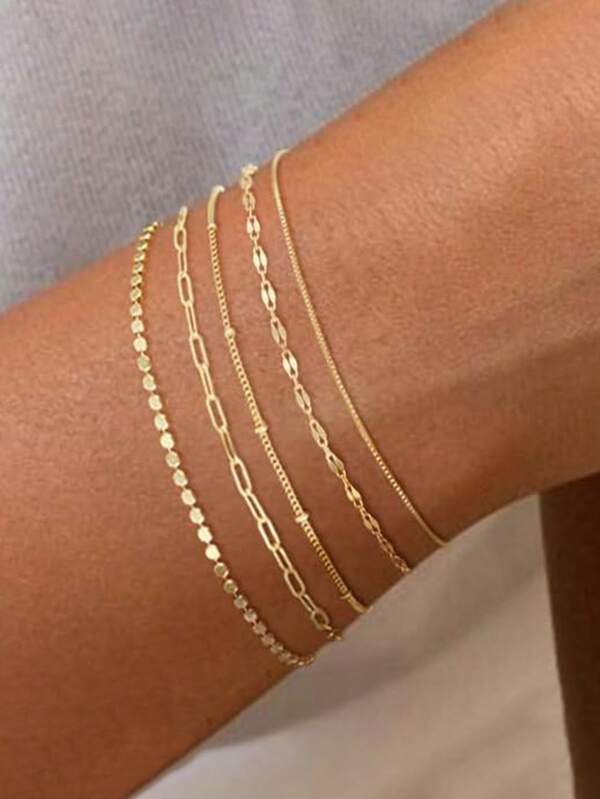 5pcs Elegant Gold Plated Stackable Bracelets, Minimalist Delicate & Cute Jewelry For Women Gold 5-pack