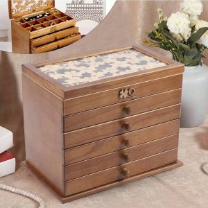 6 Layers Wooden Jewelery Retro Box Large Four-Leaf Carved Jewelry Container Mocha Brown