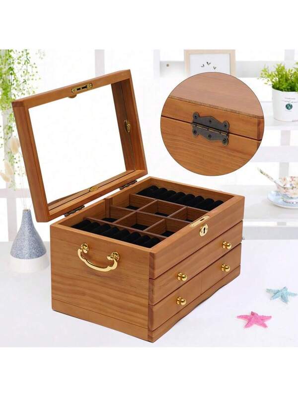 SHZICMY 3 Layers Large Wooden Box W/ Safe Lock Retro Jewelry Storage Organizer Wood