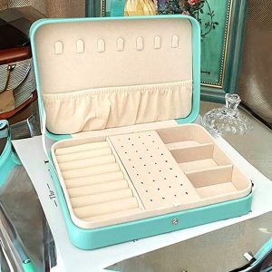 1pc 21*14*4.5CM Deluxe Leather Jewelry Storage Box, Vintage Style PU Leather Jewelry Case, Suitable For Women To Store Earrings, Necklaces, Rings, Bracelets, Watches And Other Accessories, Mother's Day Gift Light Blue